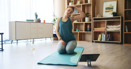 Wall Mural - Yoga, stretching and woman on tablet in home for wellness, healthy body and workout for online class. Pilates, fitness and person on floor on digital tech for exercise, training and video tutorial