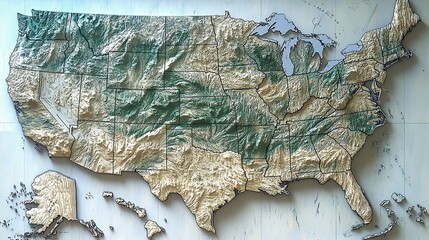 A physical map of the United States of America offers a detailed flat view of the country’s geography and topography.