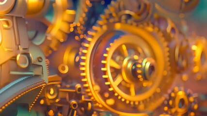 Poster - A close-up shot of multiple metal gears interlocked and turning in a complex mechanical system, Mechanical gears turning in harmony with digital elements