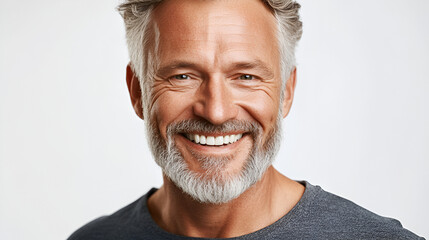 a closeup photo portrait of a handsome old mature man smiling with clean teeth. for a dental ad. guy with fresh stylish hair and beard with strong jawline. isolated on white background. 