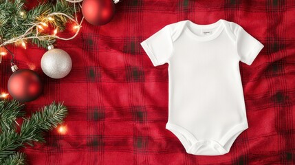 Wall Mural - White baby onesie on festive red blanket with Christmas ornaments.