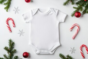 Wall Mural - White baby onesie surrounded by Christmas decorations.