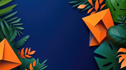 Poster - Geometric banner template featuring angular orange and green shapes on a deep blue background, perfect for digital designs.