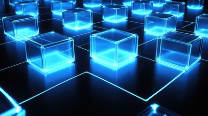 Poster - Glowing blue cubes arranged in a grid, with thin lines linking them, representing a data network.