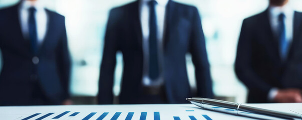 A close-up of a pen and performance graphs in the foreground, with blurred figures in business attire discussing in the background.