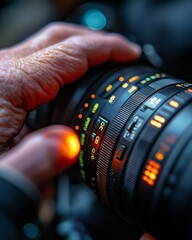 Poster - Close-up of a photographer's hand adjusting a camera lens.