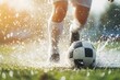 © NN AI - soccer player running toward a wet soccer ball on a green grass. Soccer ball on green grass field in sport stadium. World championship cup. Football match bet. professional sport, hobby, leisure