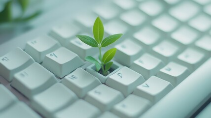 White keyboard with green plant growing from keys,representing Moral,Ethics in information technology,Green IT computing concept,Carbon efficient technology,Digital sustainability,global warming.