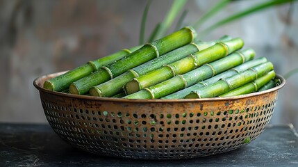 Bowl of fresh sugarcane stalks on a rustic metal table in a traditional setting