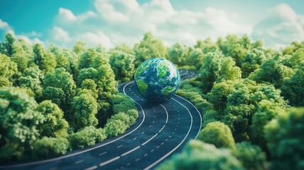 3d illustration of road around earth globe,Asphalt Road Circles earth,The road through the green forest, going through the forest to earth, Aerial top view forest,green grass field forward to globe.