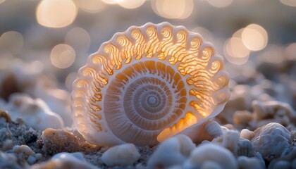 Close-up of a seashell with intricate patterns on a sandy beach.