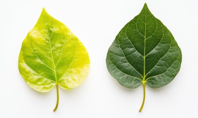 Two green leaves are shown side by side on a white background