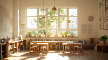 Poster - A bright and inviting classroom filled with natural light, featuring wooden tables and chairs, bookshelves lined with books, and plants adding touch of greenery