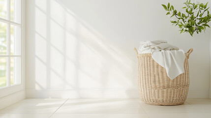 Sticker - A cozy and serene interior scene featuring woven basket filled with soft blanket, positioned beside window that casts gentle shadows on wall. greenery adds touch of freshness to space