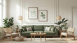 © VERTEX SPACE - A stylish living room featuring green sofa, wooden furniture, and indoor plants creates serene atmosphere. natural light enhances cozy and inviting space