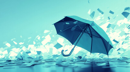 Poster - A breakdown in the global online banking system, represented by a low-poly 3D umbrella, symbolizes a potential financial collapse and investment risks.