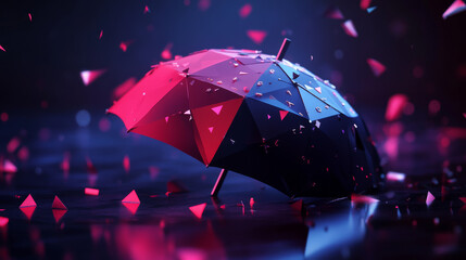 Poster - A breakdown in the global online banking system, represented by a low-poly 3D umbrella, symbolizes a potential financial collapse and investment risks.
