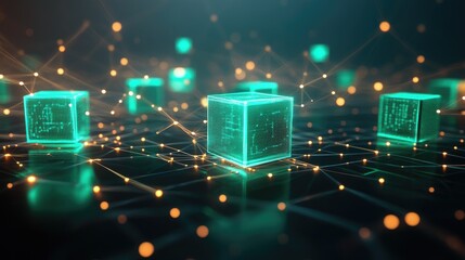 Poster - Green cubes glowing softly, interconnected by thin lines, symbolizing data connections in a digital grid.