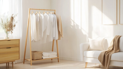 Poster - A cozy and bright interior featuring wooden clothing rack with neatly hung garments, complemented by soft sofa and natural light streaming through window. warm tones create serene atmosphere