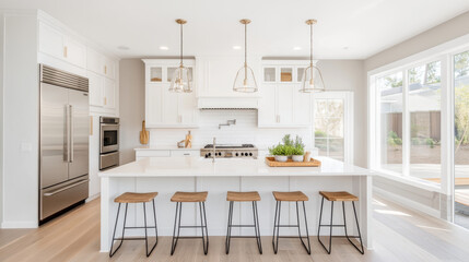 Poster - Modern kitchen design features spacious island with bar stools, sleek appliances, and bright natural light streaming through large windows, creating an inviting atmosphere