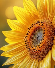 Wall Mural - Close-up of a vibrant yellow sunflower with water droplets on the petals.