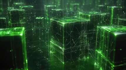 Poster - Green glowing cubes linked by thin lines, symbolizing data transfer and network connections in an abstract space.