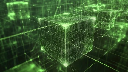 Poster - Green glowing cubes linked by thin lines, symbolizing data transfer and network connections in an abstract space.
