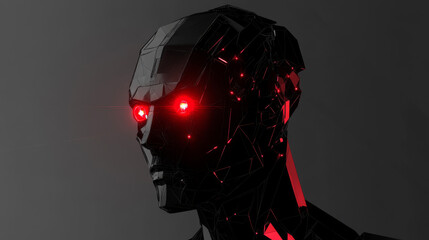 Poster - A menacing robot with glowing red eyes, a symbol of the dangers of artificial intelligence. This cyborg represents the threat of hackers accessing personal information.low poly wireframe.