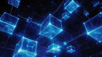 Poster - Glowing blue cubes floating in space, connected by glowing lines, representing a digital network.