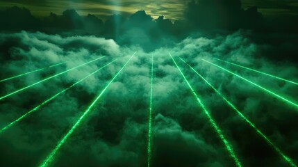 Poster - Grid of green laser beams cutting through a foggy atmosphere, with deep shadows in the background.