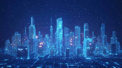 Poster - A futuristic city with simple 3D shapes, showcasing an automated system for smart buildings. This design represents the future of cities connected by technology.low poly wireframe.