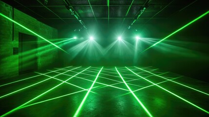 Poster - Laser beams forming a glowing green grid, with mist and shadows adding a dramatic effect in a dark environment.