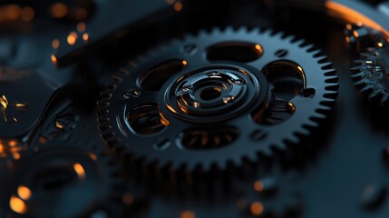 Poster - Macro shot of metallic gears in motion inside a clock, highlighting their intricate design and synchronization.