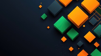 Poster - Modern banner design with orange and green geometric blocks on a dark blue background, perfect for web or digital presentations.