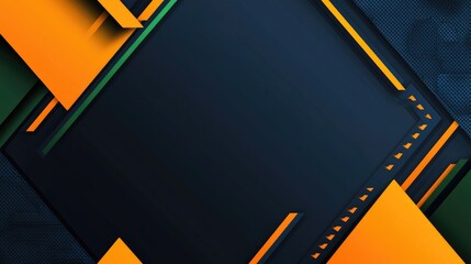 Poster - Orange and green triangular patterns, layered over a dark blue abstract background for a sharp, wide banner design.