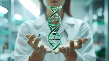 Double helix DNA structure suspended above the hands of a scientist