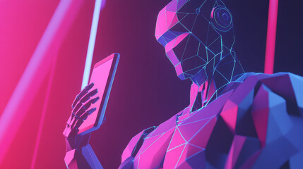Poster - This shows a virtual assistant using AI to understand your voice. It's a simple, low-resolution illustration of a robot on a smartphone.low poly wireframe.