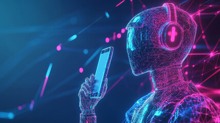 Poster - This shows a virtual assistant using AI to understand your voice. It's a simple, low-resolution illustration of a robot on a smartphone.low poly wireframe.