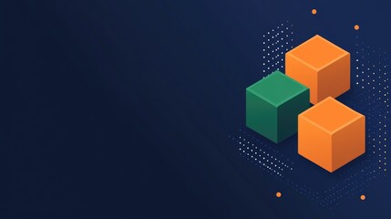 Poster - Sharp geometric shapes in orange and green, floating over a deep blue background for a stylish, wide banner design.