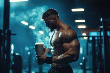 muscular man holding a protein shake. this photo illustrates the importance of protein for muscle gr