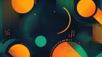 Poster - Sharp geometric shapes in orange and green, floating over a deep blue background for a stylish, wide banner design.