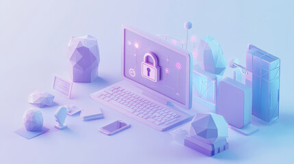 Poster - A 3D illustration showing how internet security protects your personal information. It uses a lock to symbolize safety and connects a computer, phone, and data.low poly wireframe.