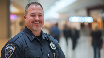 Wall Mural - Friendly police officer smiling in a busy shopping mall during the day