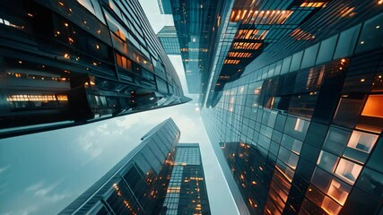Poster - a low-angle shot of modern skyscrapers in an urban cityscape, reflecting the evening sky, portraying