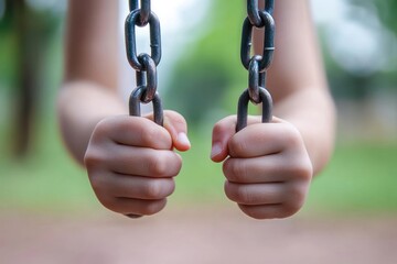 Closeup of two hands gripping a metal chain with a blurry green background.