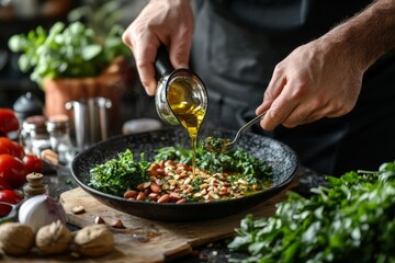 Close-up of chef's hands pouring olive oil onto a plate of fresh pesto with almonds.