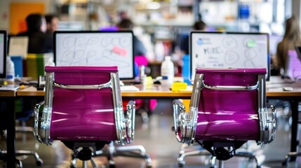 Two Purple Office Chairs in a Blurred Office Setting