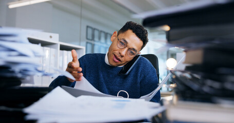 Canvas Print - Paperwork, stack and businessman with phone call in office for investment, report or audit deadline. Corporate, client and financial advisor with tech by documents for risk assessment, review or plan