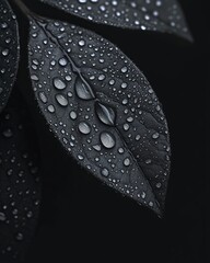 Wall Mural - Close-up of dark green leaves with water droplets, isolated on black background.