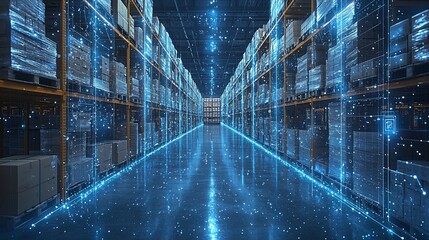 A modern warehouse filled with stacks of goods displays a digital overlay effect, illustrating advanced technology with blue glowing elements and dynamic data.